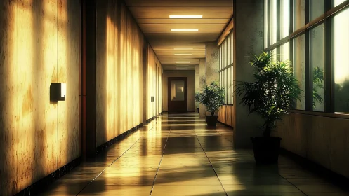 Sunlit office corridor with plants and warm reflections.