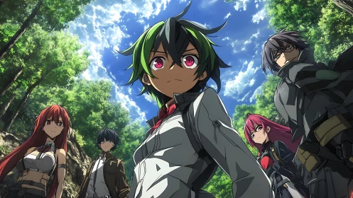 Anime heroes stand united beneath a vivid forest sky