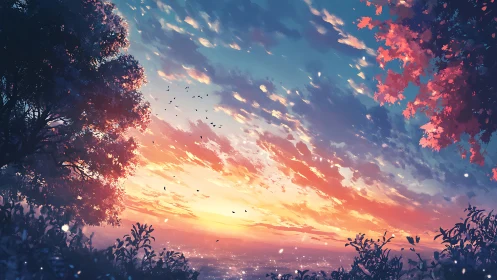 Digital sunset landscape with trees and distant city lights.