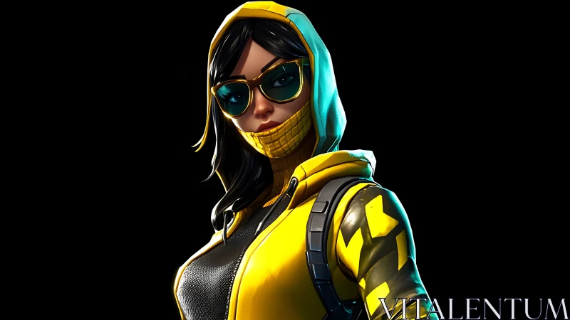 Hooded cyber street hero in yellow tactical style portrait.