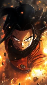 Fiery anime warrior charges forward through exploding flames.