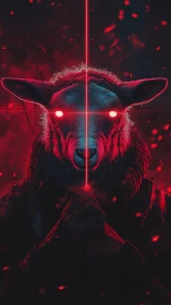 Lamb-headed occult figure with neon red laser gaze.