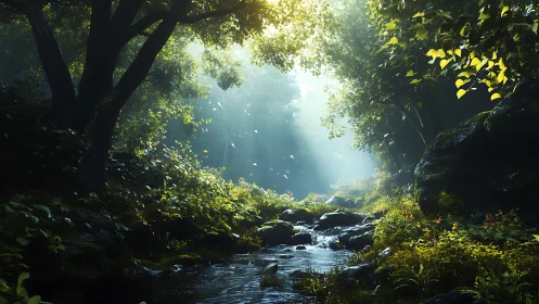 Luminous stream whispers through emerald cathedral.