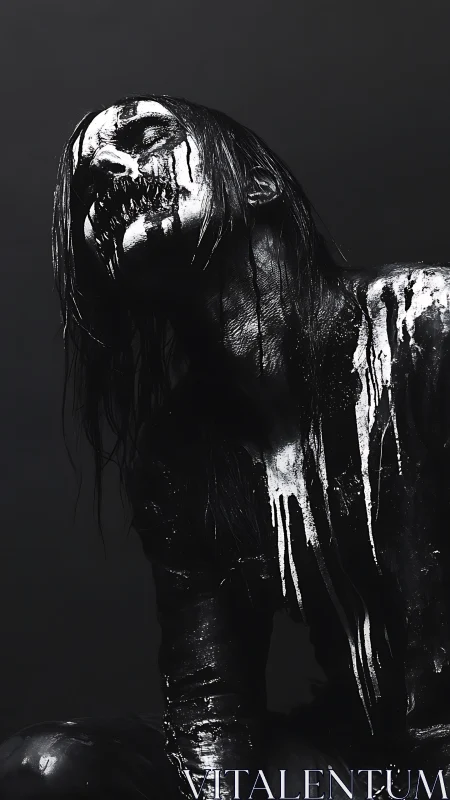 Monochrome horror figure drenched in dripping black paint.