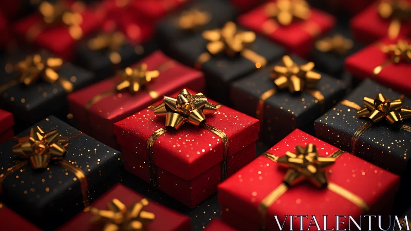 Glittering red and black gift boxes glow with festive warmth.
