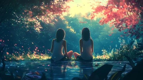 Two seated figures by reflective forest water surface.