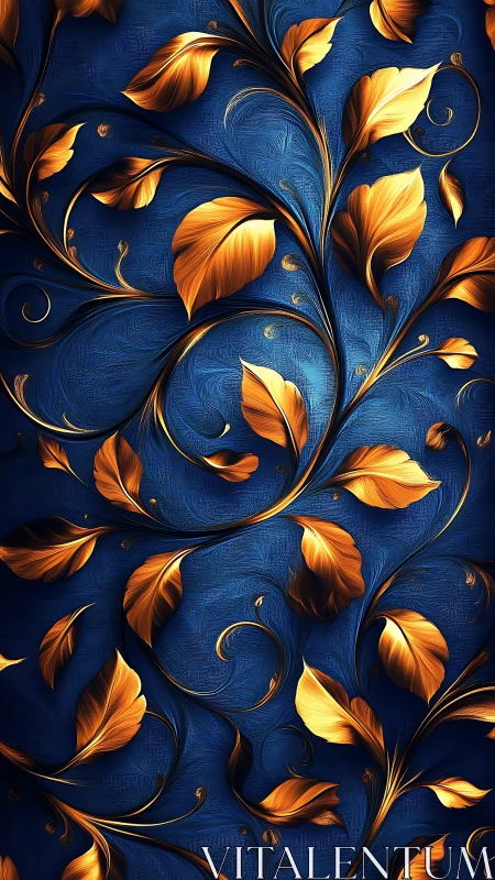 Gold leaf swirl pattern on deep textured blue background