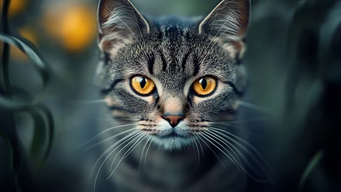 Emerald Gaze: Tabby's Golden Eyes Penetrate the Mist.