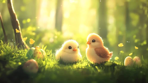 Cute spring chicks among glowing forest Easter eggs.