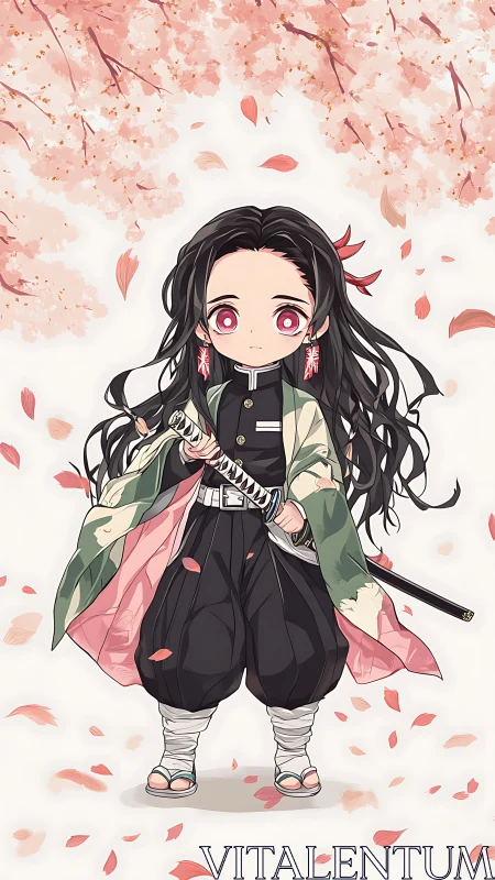 Chibi swordsman in uniform under soft pink cherry blossoms.