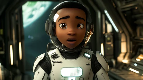 Young animated astronaut in shock on a space station