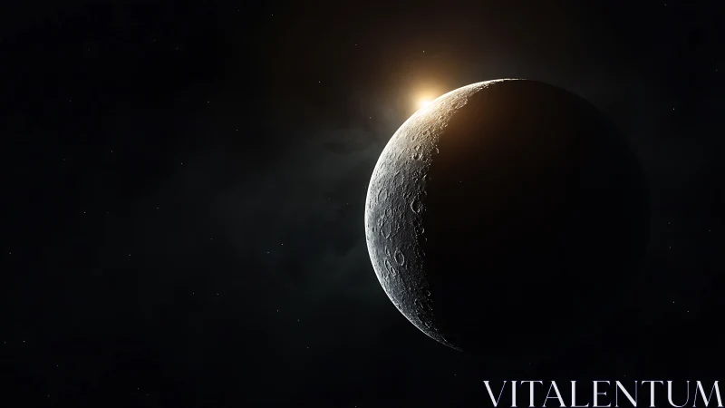 Crescent rocky planet in space with distant rising star.