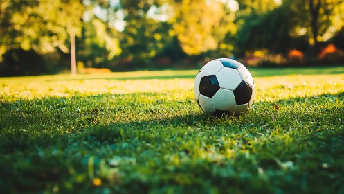 Soccer ball rests on sunlit grass in a peaceful park field
