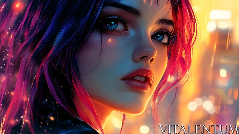 Neon haired woman gazes into glowing futuristic city lights