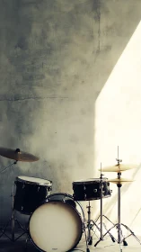 Minimalist drum kit in dramatic side lighting against plaster wall