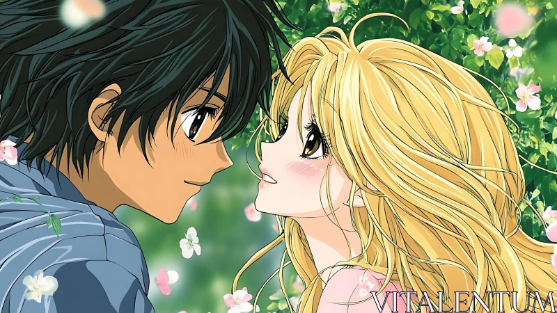 Close-up anime couple rendered with detailed linework and soft shading