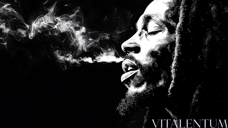 Monochrome profile portrait with smoke trail on black field.