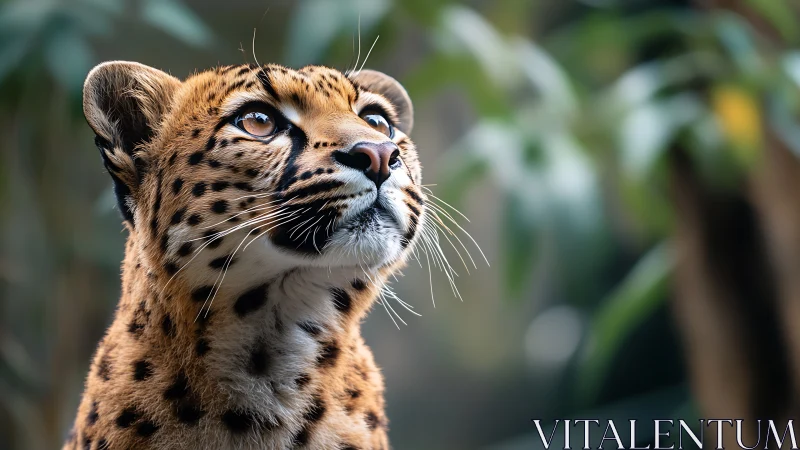 Bright-eyed leopard gazes upward in a calm forest glow