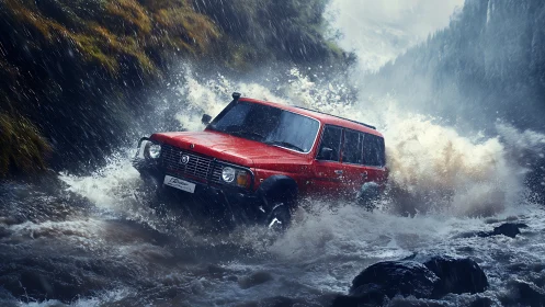 Red off-road SUV fording turbulent mountain river in rain
