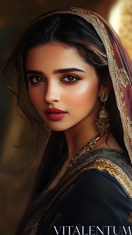 Portrait of woman in embroidered shawl with neutral gaze.