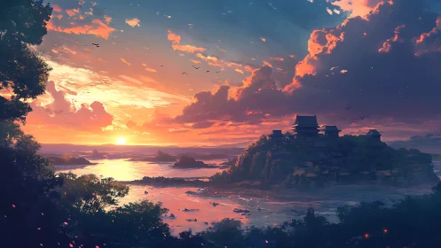 Sunset-lit coastal temple complex under dramatic stratocumulus