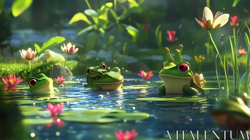 Cartoon frogs in lily pond with flowers and foliage.