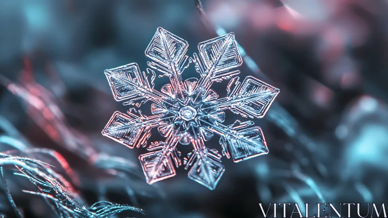 Hexagonal snowflake macro under cyan and magenta bokeh light.