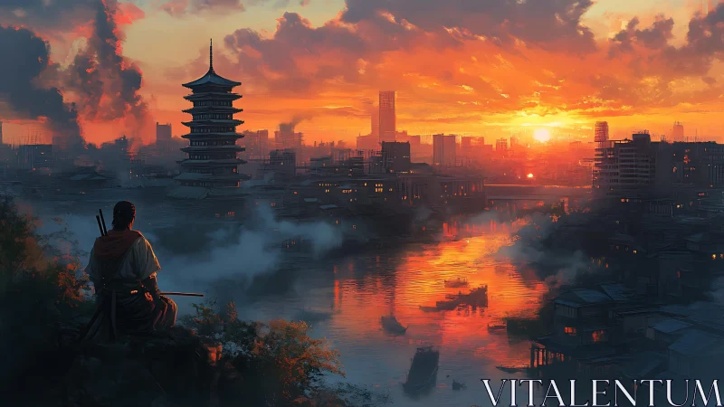 Samurai watches neon-lit river city at blazing sunset.