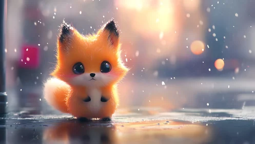 Tiny fox stands on wet street under falling snow at dusk