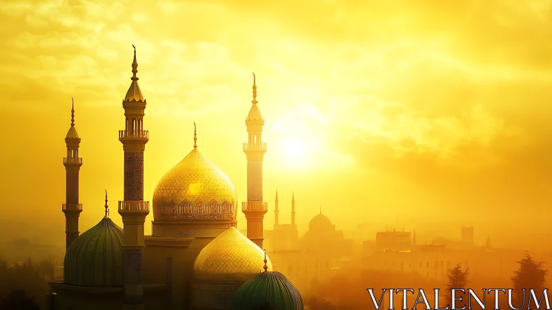 Photorealistic golden mosque skyline at radiant sunrise.