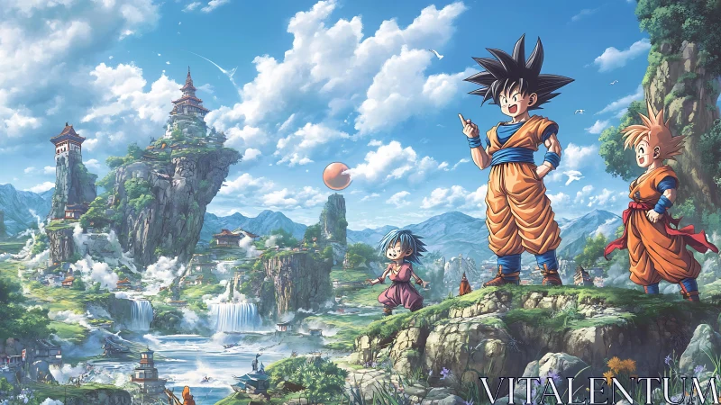 Anime heroes survey vast floating mountain landscape in daylight