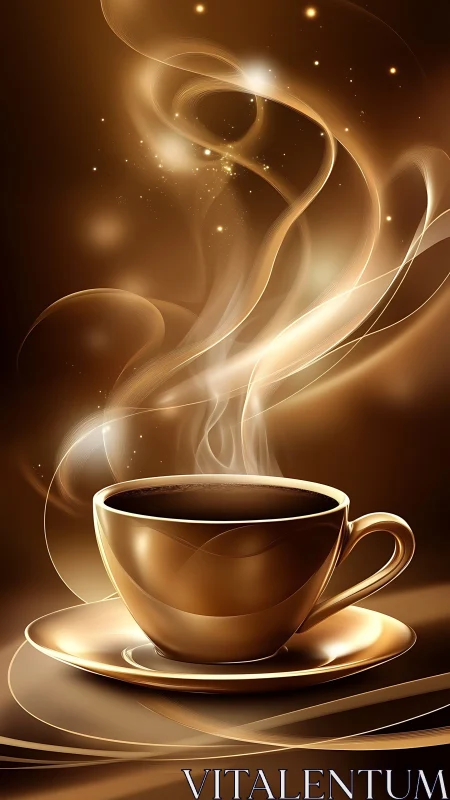 Steaming coffee cup rendered with stylized golden lighting