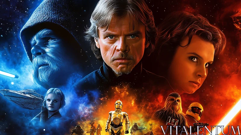 Bilateral sci‑fi character montage with opposing blue and red fields