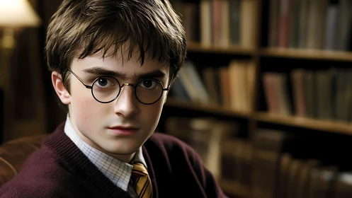 Thoughtful young student in a cozy, book filled library.