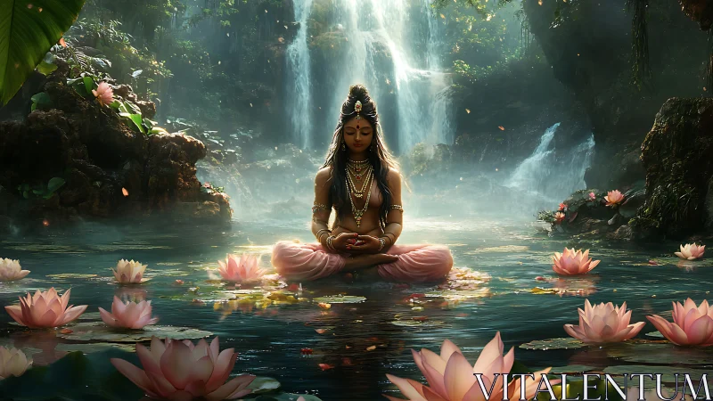 Divine woman meditates amid lotus pond and waterfalls.