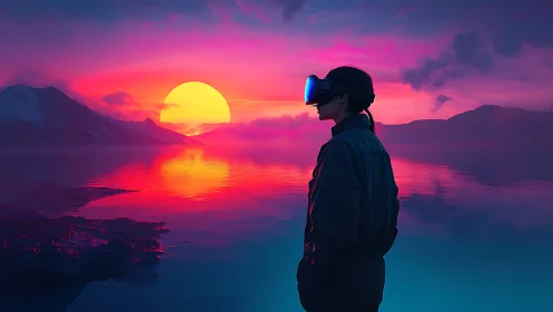 Neon horizon dreamer gazes into a virtual electric sunset.
