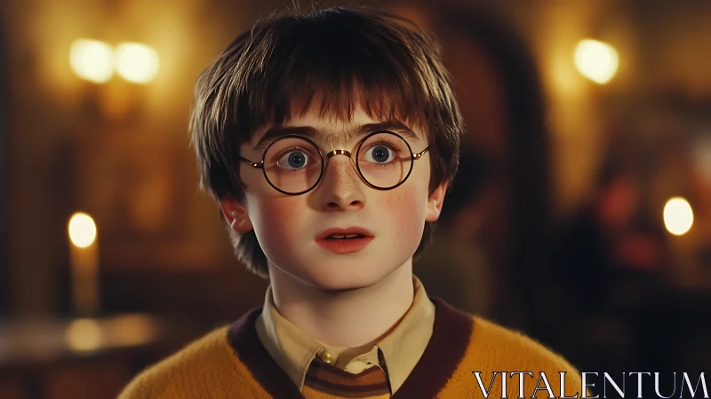 Surprised boy in round glasses in warm indoor light.