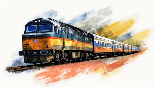 Diesel locomotive pulls passenger consist through abstract color field