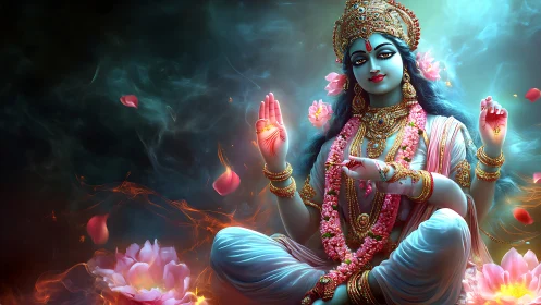 Serene blue goddess rests among glowing lotus blossoms