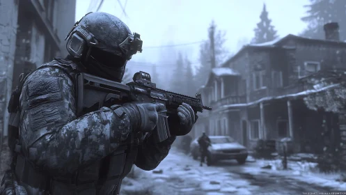 Tactical soldier advances through icy abandoned street.