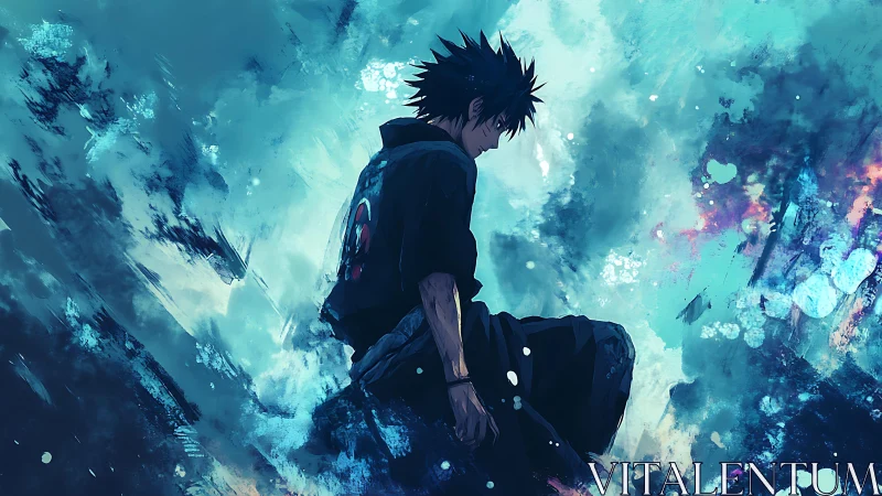 Solitary anime warrior in turbulent cyan energy storm.