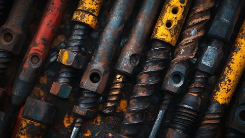 Rust-patinated drill shafts with bold red and yellow housings.