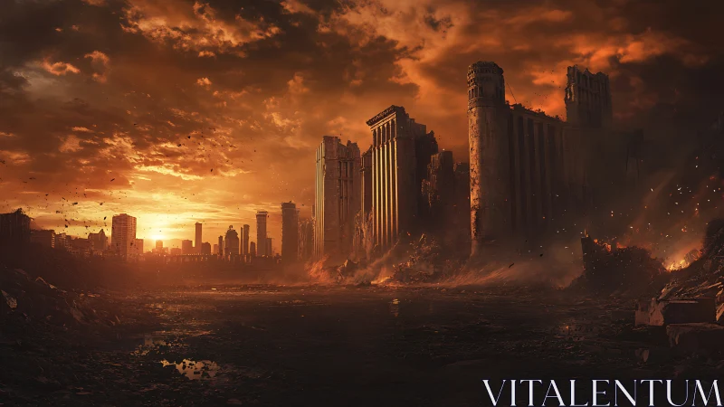 Sunset over a crumbling city of firelit ruins and echoes.