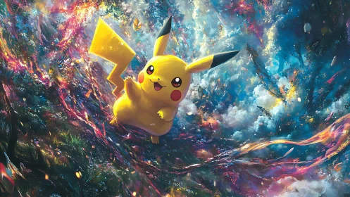 Pikachu rendered within abstract multicolored energy field.