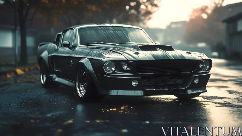 Retro muscle car rendered on wet autumn city street.