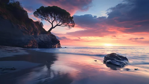Coastal headland tree above wet sand and low sunset horizon.