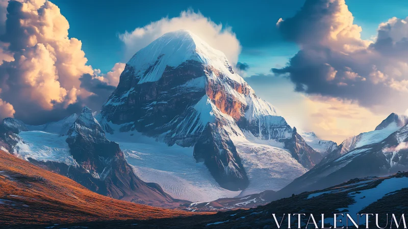 Snow-covered mountain peak dominates a dramatic cloudy sky