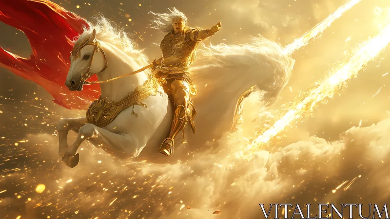 Radiant armored knight soars skyward on blazing steed.