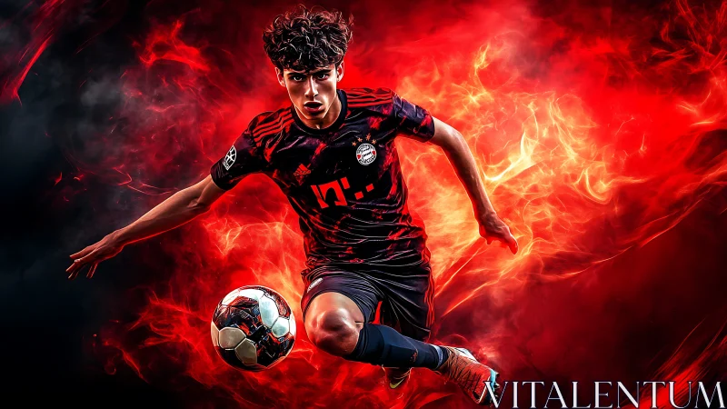 Fire-charged football striker slicing through blazing red fury.