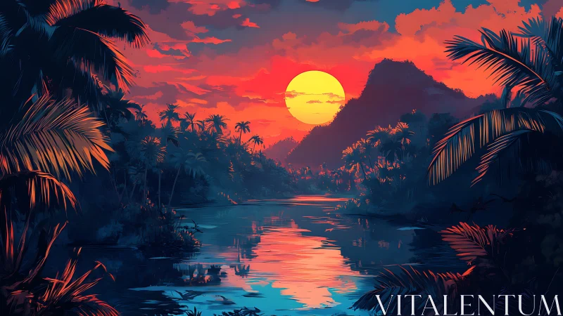 Tropical river sunset with bold red sky and palm silhouettes.